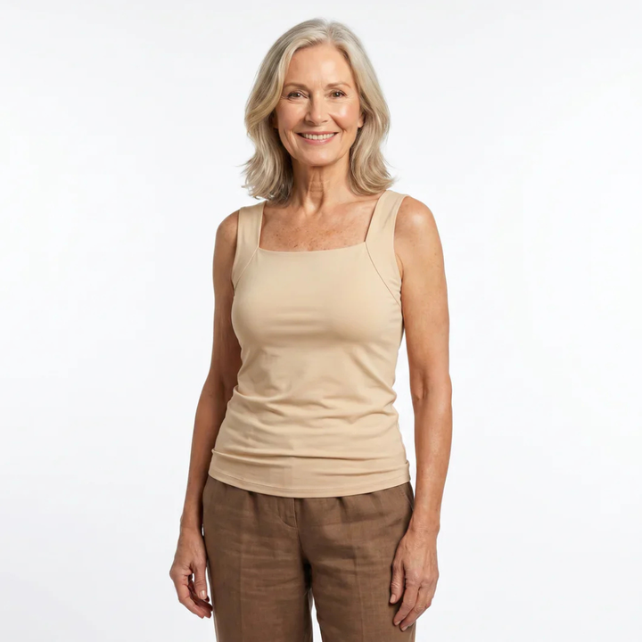Basic Stretch Tanktop für Damen mit eingearbeitetem Sport-BH, hoher Tragekomfort.