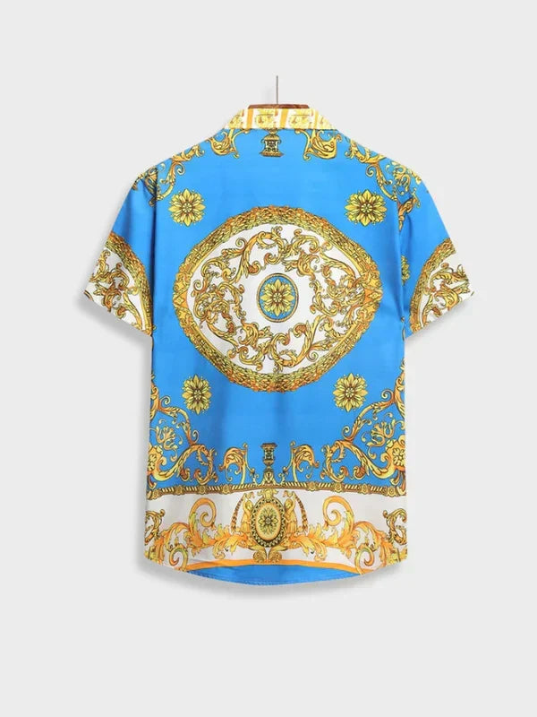 Marineblauer Herren Zweiteiler mit Barockmuster. Kurzarmhemd & Shorts Set für einen frischen Sommerlook.