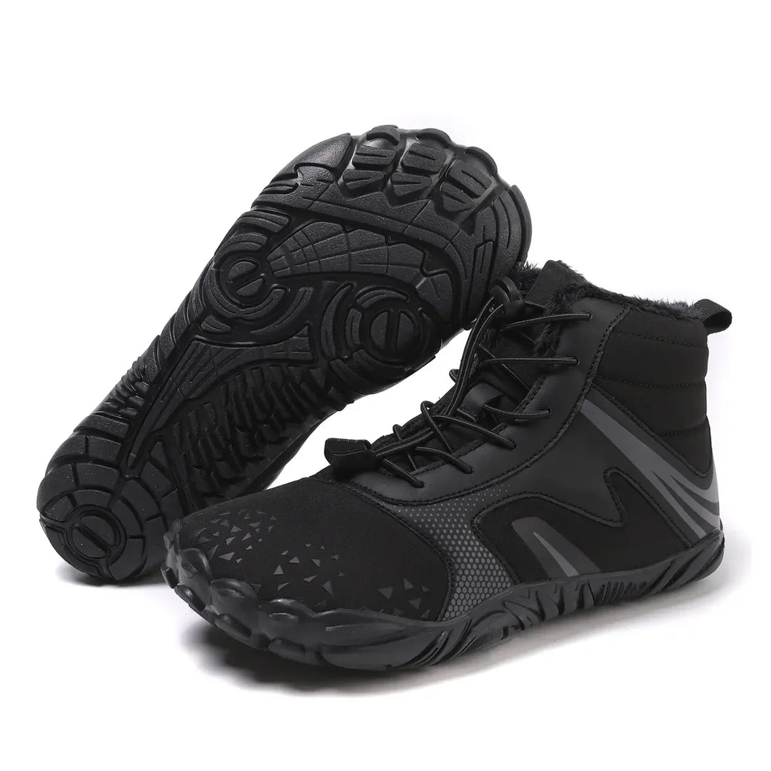 Braune, wasserabweisende Unisex Barfußschuhe für den Winter. Flexibel, warm & mit natürlichem Laufgefühl.