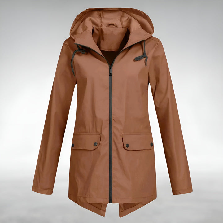 Elegante Damen Kapuzenjacke, wasserdicht, ideal als Übergangsjacke für stilvollen Schutz bei Regenwetter.