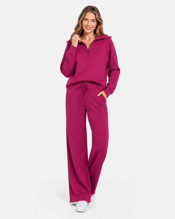 Trendiger Damen Zweiteiler für den Alltag: Weite Hose & Sweatshirt mit Reißverschlusskragen.
