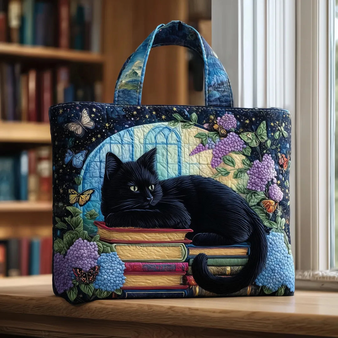 Handgemachte schwarze Katzen-Schultertasche für Damen, gepolstert, mit einzigartigem Tiermotiv. Perfekte Stoff-Alltagstasche.