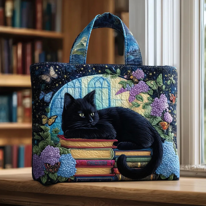 Handgemachte schwarze Katzen-Schultertasche für Damen, gepolstert, mit einzigartigem Tiermotiv. Perfekte Stoff-Alltagstasche.