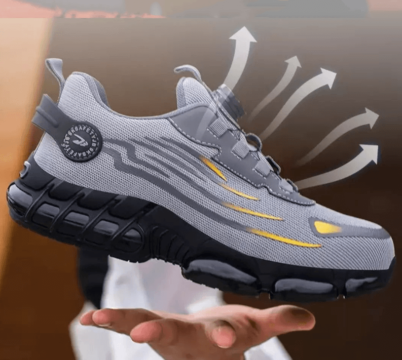 Herren Industrieschuhe mit Schutzkappe auf Baustelle. Rutschfester Boden, orthopädischer Komfort für sicheres Arbeiten.