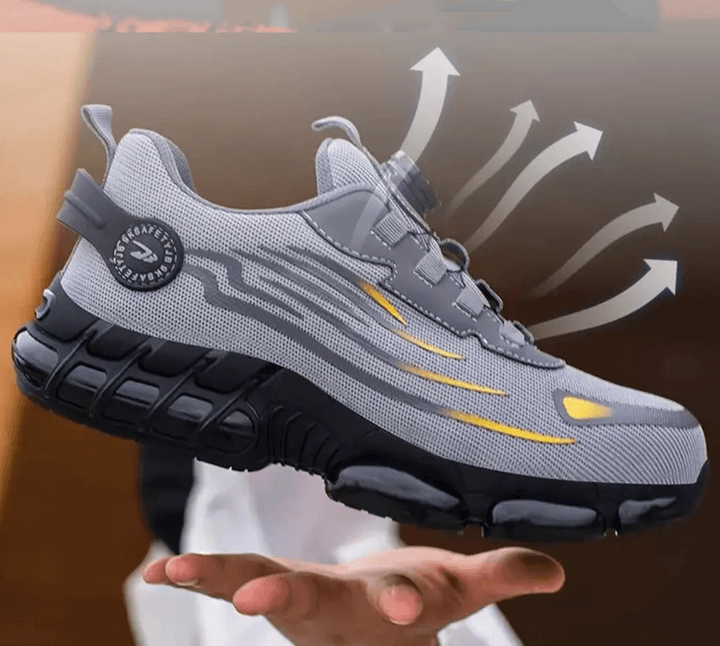 Herren Industrieschuhe mit Schutzkappe auf Baustelle. Rutschfester Boden, orthopädischer Komfort für sicheres Arbeiten.