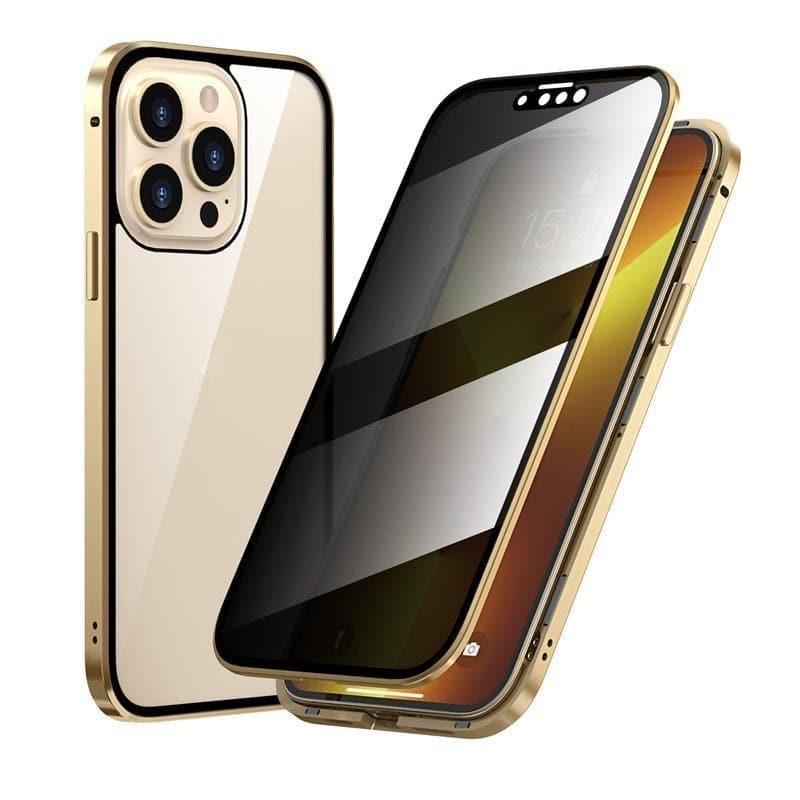 Robuste magnetische iPhone Hülle mit 360° Privatsphäre-Sichtschutz, stoßfestem Metallrahmen und Displayschutz.