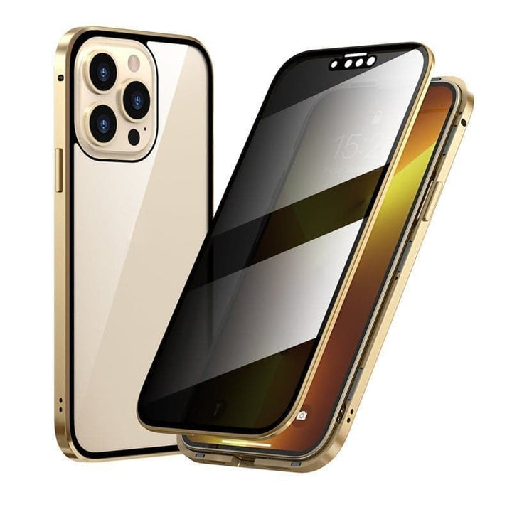 Robuste magnetische iPhone Hülle mit 360° Privatsphäre-Sichtschutz, stoßfestem Metallrahmen und Displayschutz.
