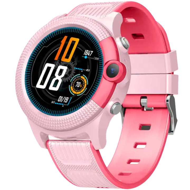 Detailansicht der Kinder-Smartwatch: Anzeige von Uhrzeit, GPS-Status, Akkuladung & Anrufbereitschaft.