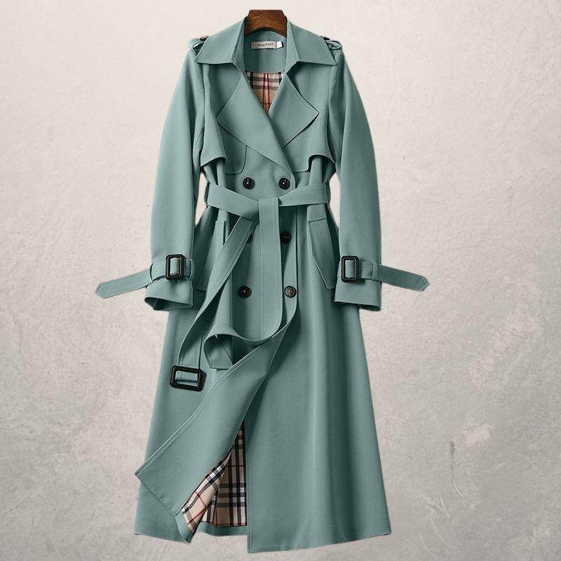 Warmer Damen Herbst/Wintermantel, elegant & mittellang, mit chicem Polo-Kragen & stilvoller Taillenschnürung.