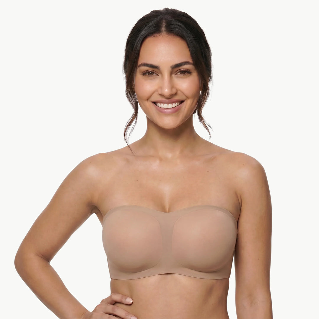 Damen trägerloser Push-up BH ohne Bügel in Beige für unsichtbaren Komfort und perfekten Halt.