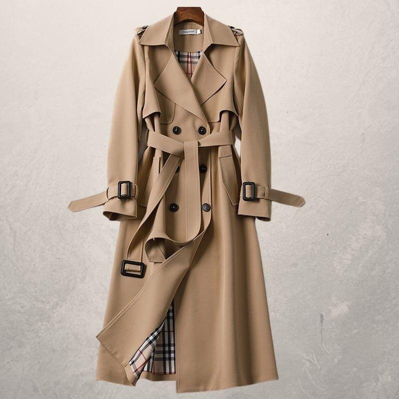 Eleganter Damen Mittellanger Mantel mit Polo-Kragen & Schnürung; ideal für Herbst & Wintermode.