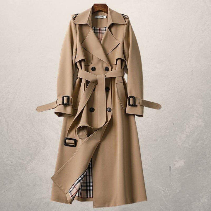 Eleganter Damenmantel mittellang mit Polo-Kragen & Schnürung; ideal für Büro & Freizeit in Herbst/Winter.