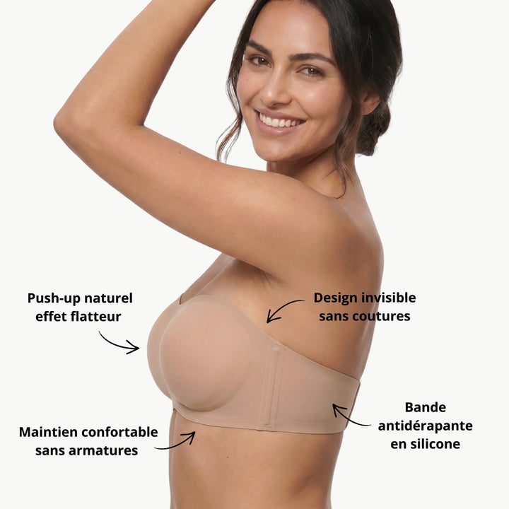Eleganter trägerloser Damen Push-up BH in Schwarz, bügellos für maximalen Komfort und glatte Silhouette.