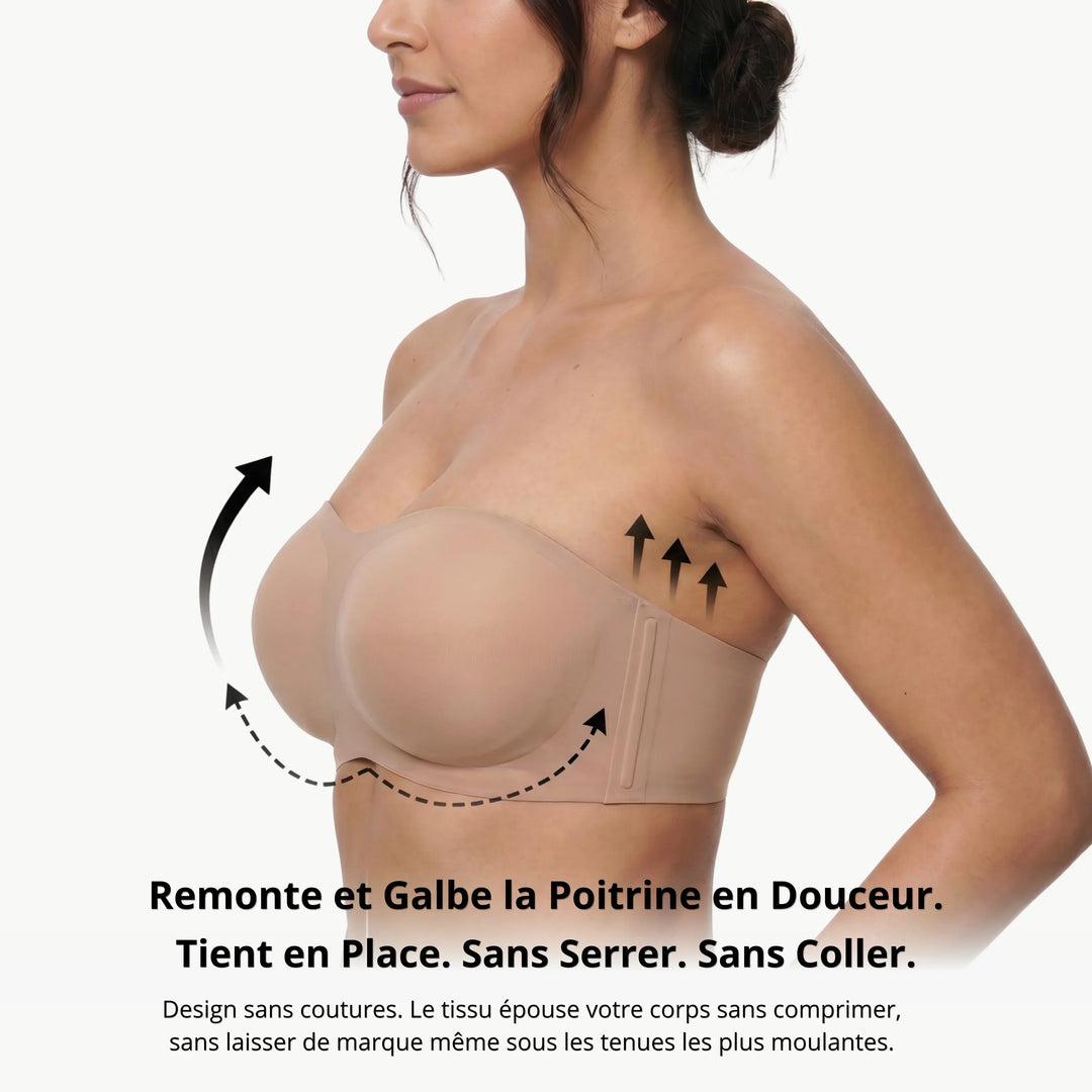 Komfortabler bügelloser Push-up BH für Damen, trägerlos, in Schokolade, perfekt für rückenfreie Outfits.