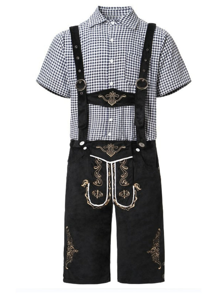 Mann trägt komplettes Oktoberfest Trachten-Outfit: Lederhose, Hemd, Hosenträger, bereit für Party.
