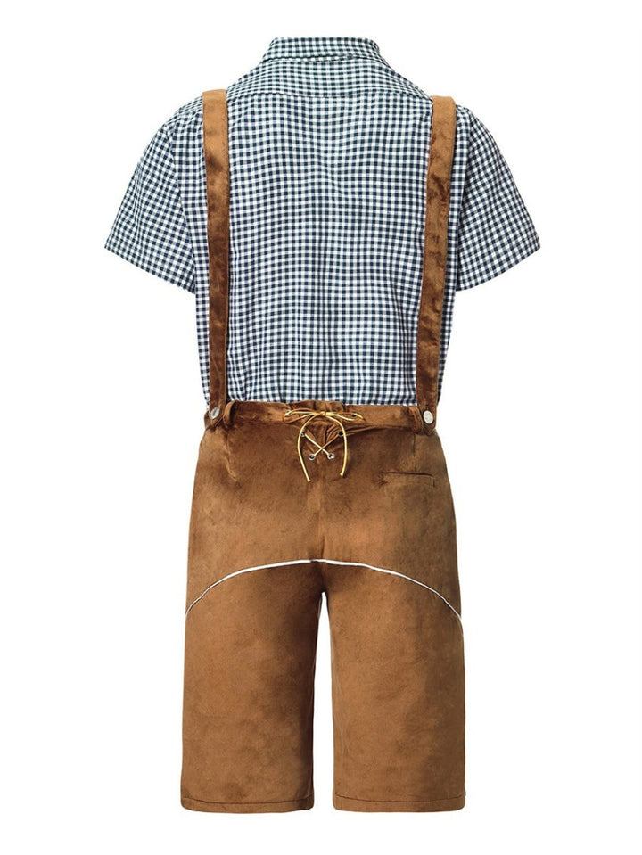 Bayerisches Trachten-Outfit für Herren: Lederhose, Hemd, Socken & Schuhe für das Oktoberfest.