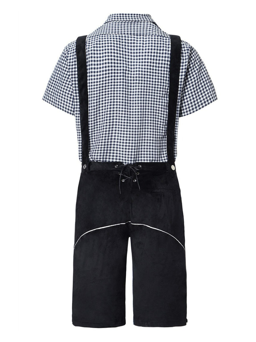 Detailaufnahme des Herren Trachten-Outfits: Stickereien auf Lederhose & Knöpfe am Trachtenhemd.