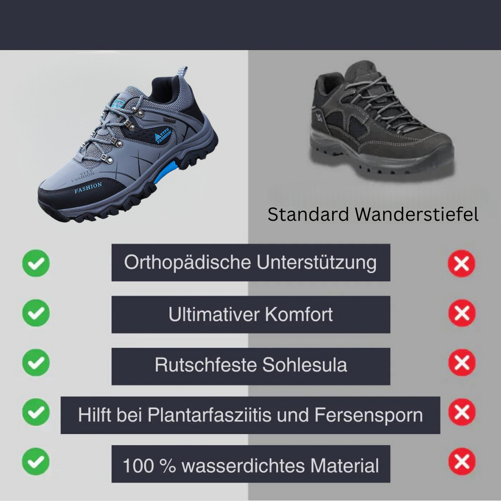 Seitenansicht des grauen Herren Hikingschuhs. Robustes Design, ideal für Outdoor-Trails & Trekking.