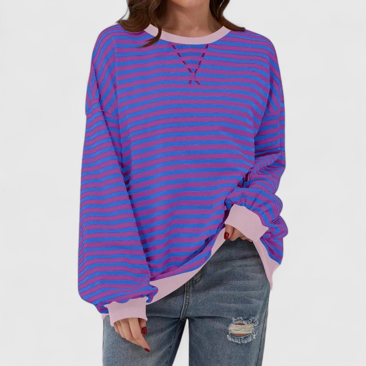 Farbenfroher Damen Streifenpullover; leuchtende Farben für eine fröhliche Ausstrahlung im Alltag.