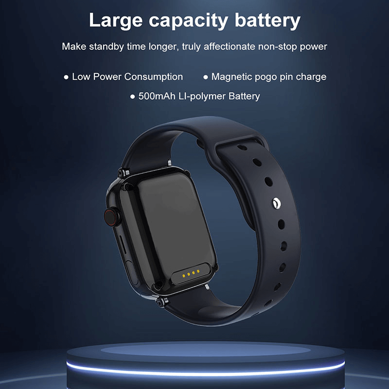 Nahaufnahme der Kinder-Smartwatch mit hellem Touchscreen, zeigt Anrufoberfläche für 4G-Videotelefonie.