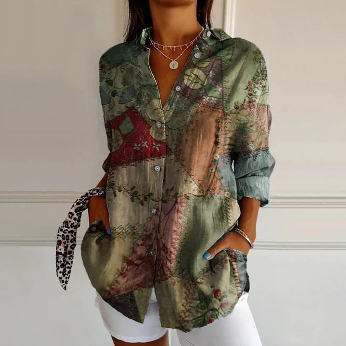 Damen Printbluse für das Büro, mit Knopfleiste, Langarm, professionell und dennoch bequem.