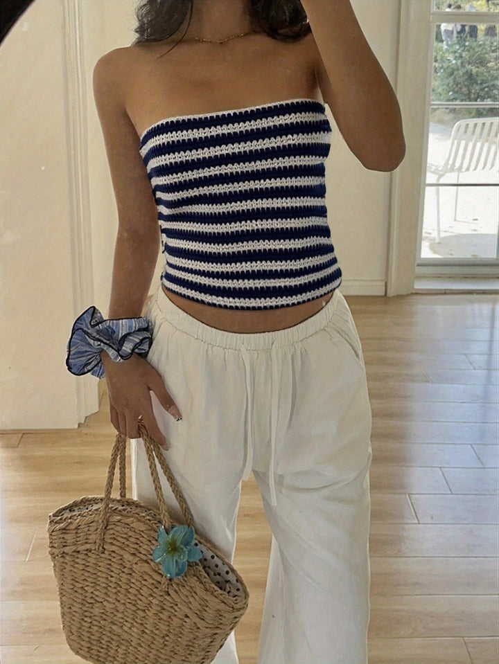 Modisches Damen Bandeau-Top mit schickem Streifenmuster, perfekt als schulterfreies Tube Top für Frühling & Sommer.