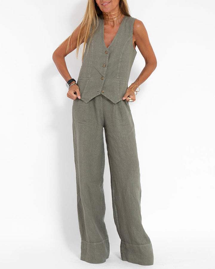 Damen Leinen Set: Lange Weste & weite Hose. Lässiger und eleganter Sommerlook.