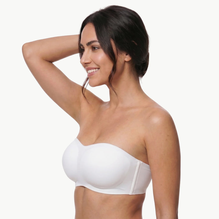 Weißer bügelloser Push-up BH, trägerlos, für Damen, nahtlos, bietet super Komfort unter enganliegender Kleidung.