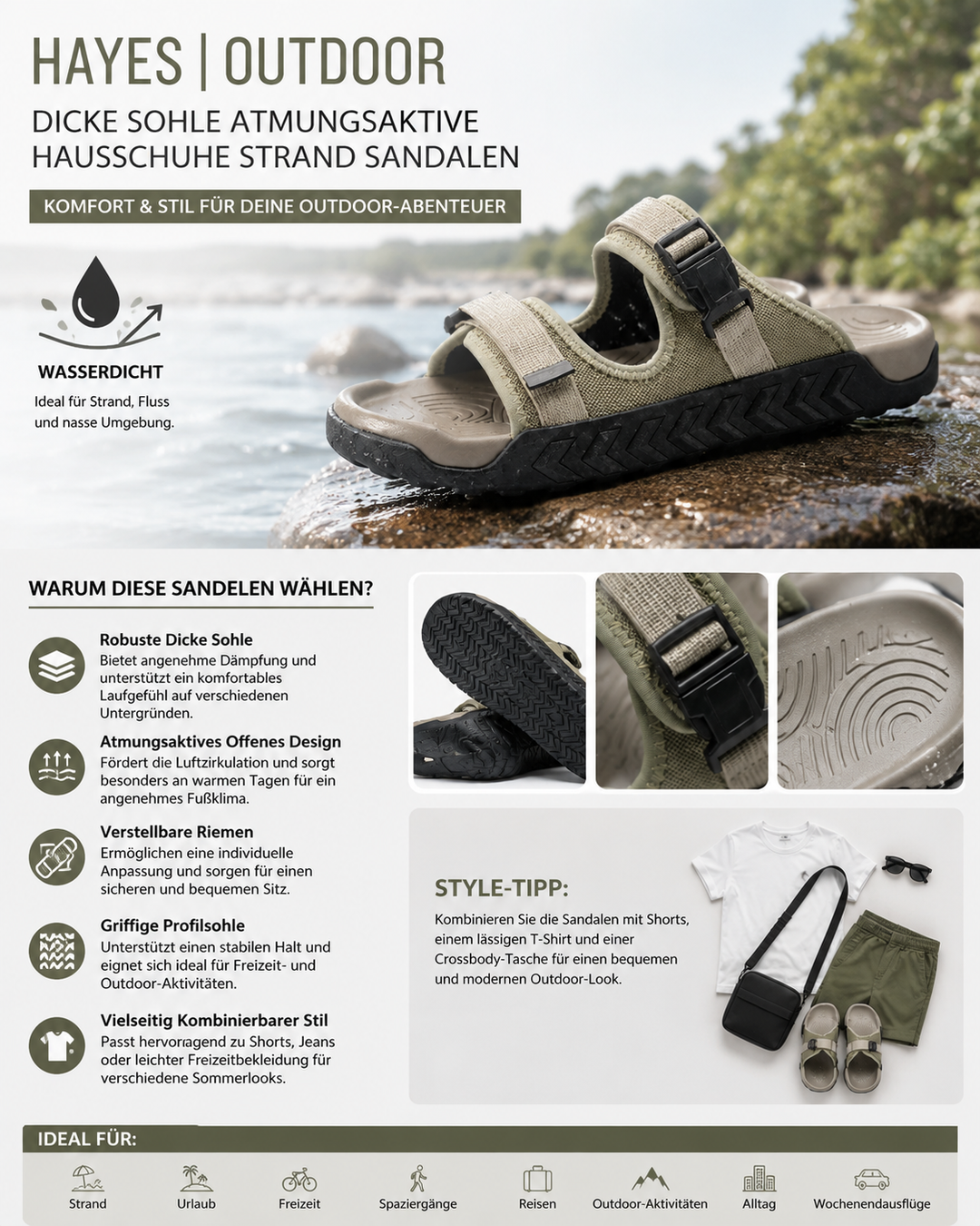 Komfortable Herren Sandalen mit anatomischem Fußbett & dicker, stoßdämpfender Sohle für lange Spaziergänge.