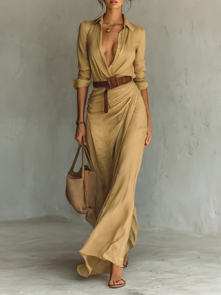 Modernes Damen Maxikleid Langarm mit Reverskragen, fließender Stoff; ideal als Sommerkleid oder Freizeitkleid.