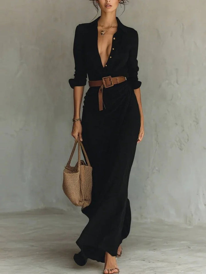 Vielseitiges Damen Langarmkleid Maxikleid mit elegantem Reverskragen; bequem und schick für jede Jahreszeit.