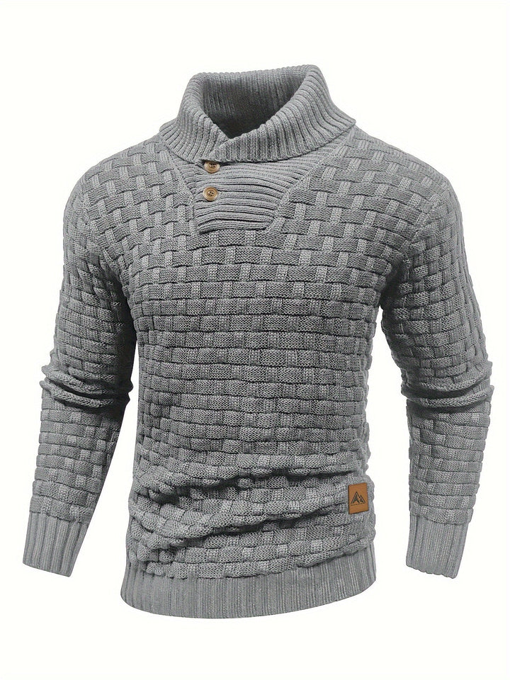 Stilvolle Herrenmode: Winterpullover mit Waffelstruktur und edlem Schalkragen.
