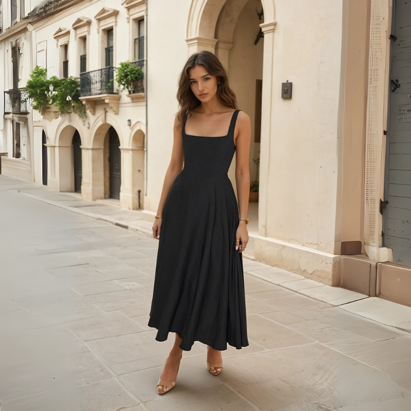 Elegantes schwarzes Damen-Midikleid, mit eckigem Ausschnitt, V-Taille und figurbetontem Schnitt.