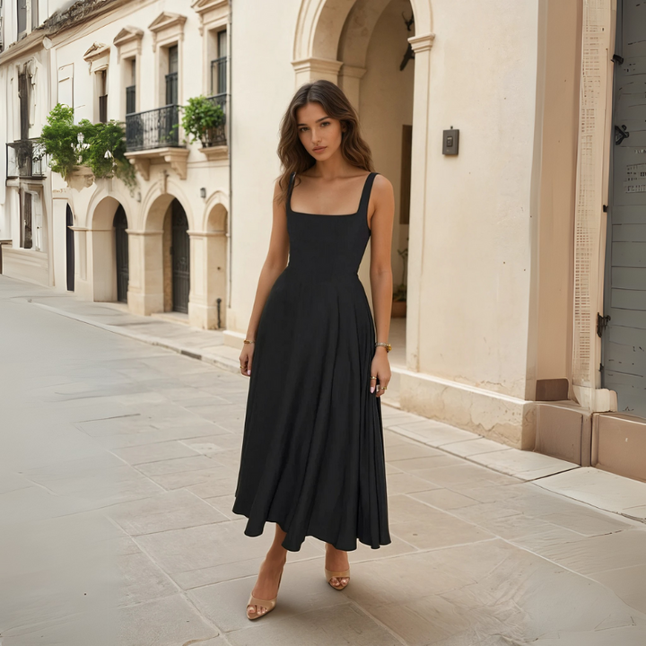 Elegantes schwarzes Damen-Midikleid, mit eckigem Ausschnitt, V-Taille und figurbetontem Schnitt.