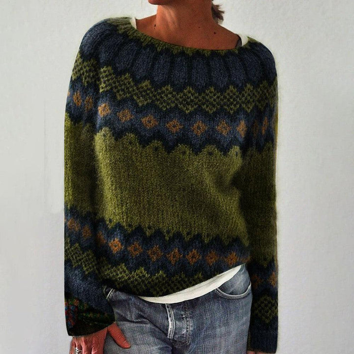 Damen Strickpullover mit Waldstreifen-Muster in Grün. Gemütlicher Langarm-Pullover für Freizeit & Wintermode.