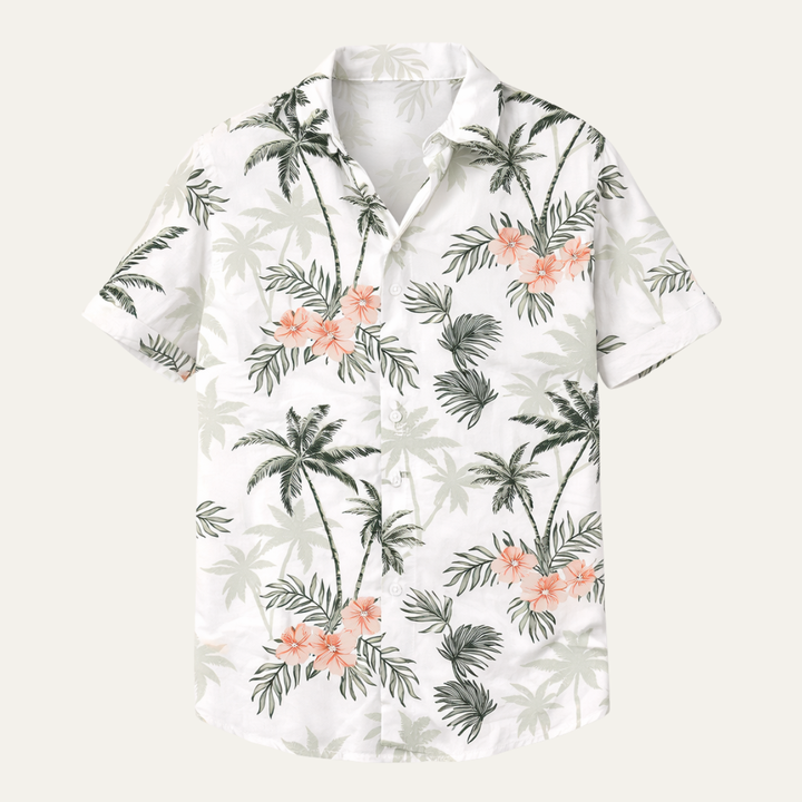 Herren Sommer Kurzarmhemd mit stilvollem Palmenprint. Legeres, atmungsaktives Freizeithemd für Urlaub.
