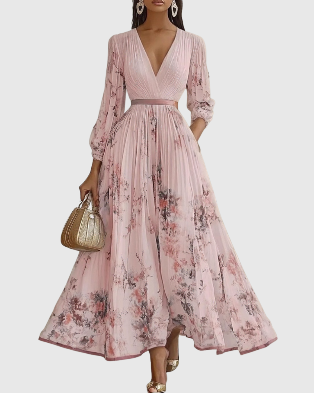Fließendes Plissee Maxikleid für Damen, Langarm, in eleganter A-Linien-Silhouette.