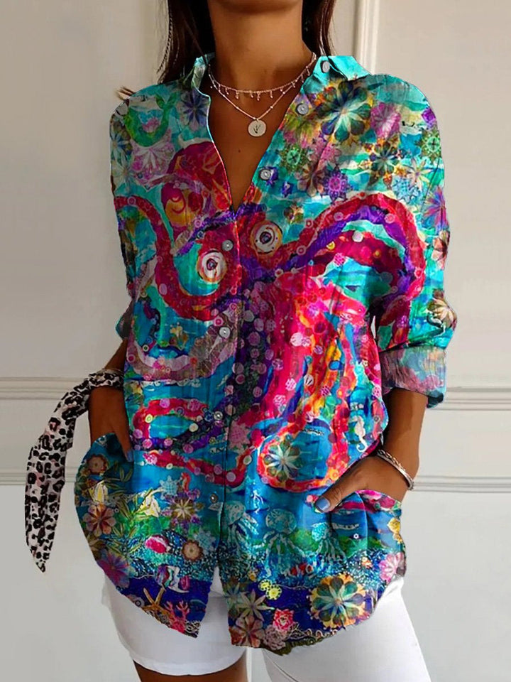 Trendige Damen Printbluse mit Knopfleiste, Langarm, ein modisches Statement-Piece.