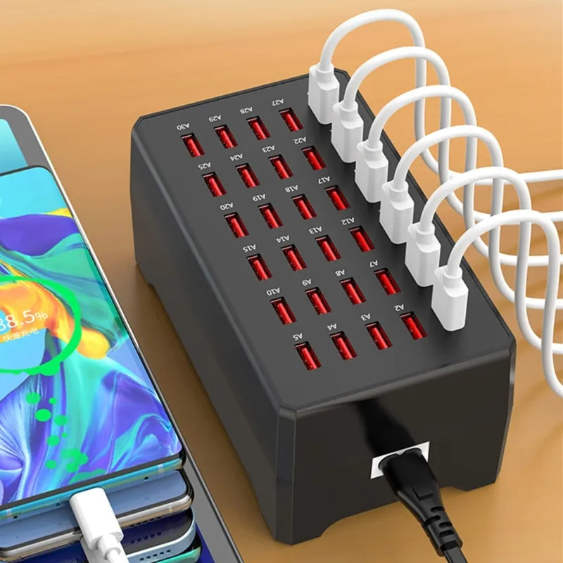 Effiziente 30-Port USB-Ladestation mit EU-Stecker. Ideal für Büro-Organisation & als Geräte-Ladehub.