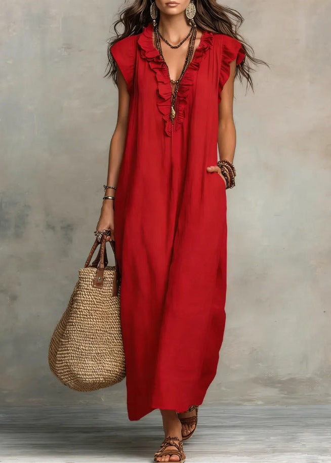Stilvolles ärmelloses Damen A-Linien-Sommerkleid mit eleganten Rüschen und bequemen Seitentaschen.