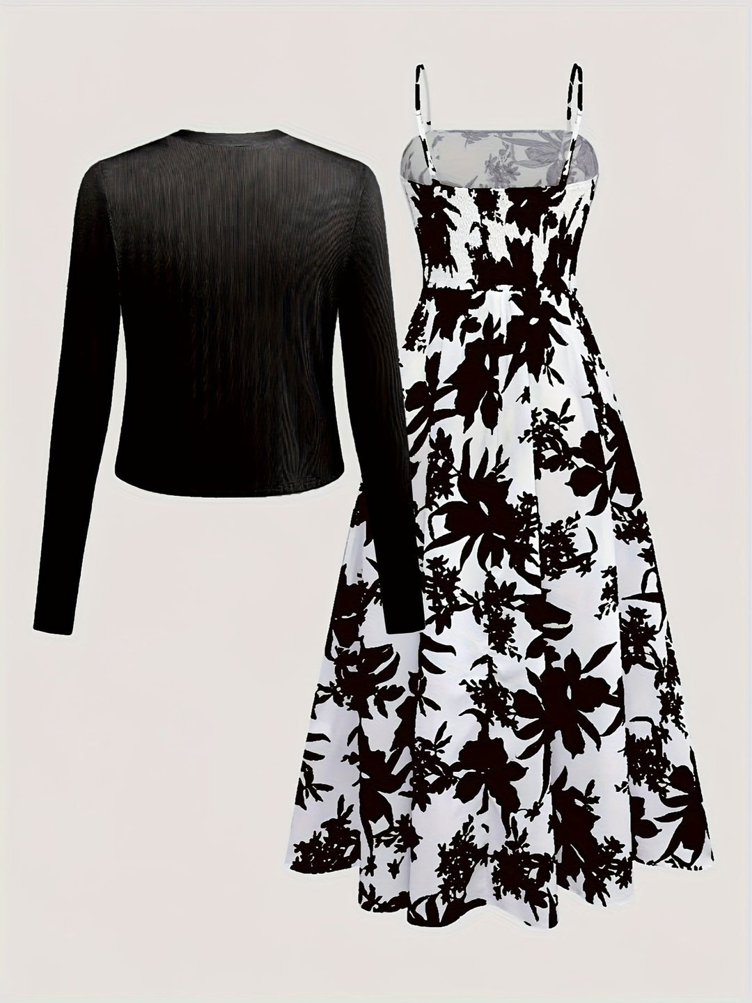 Blumen-Outfit: Damen Midikleid & Cardigan Set. Frühlingsmode und Sommerkleid, das Leichtigkeit verspricht.