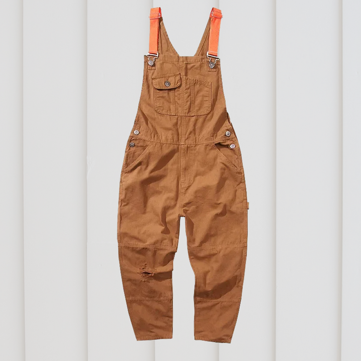 Praktische Unisex Gartenhose Sam in Blau & Braun. Komfortable Latzhose für Arbeit, Freizeit & Hobby.