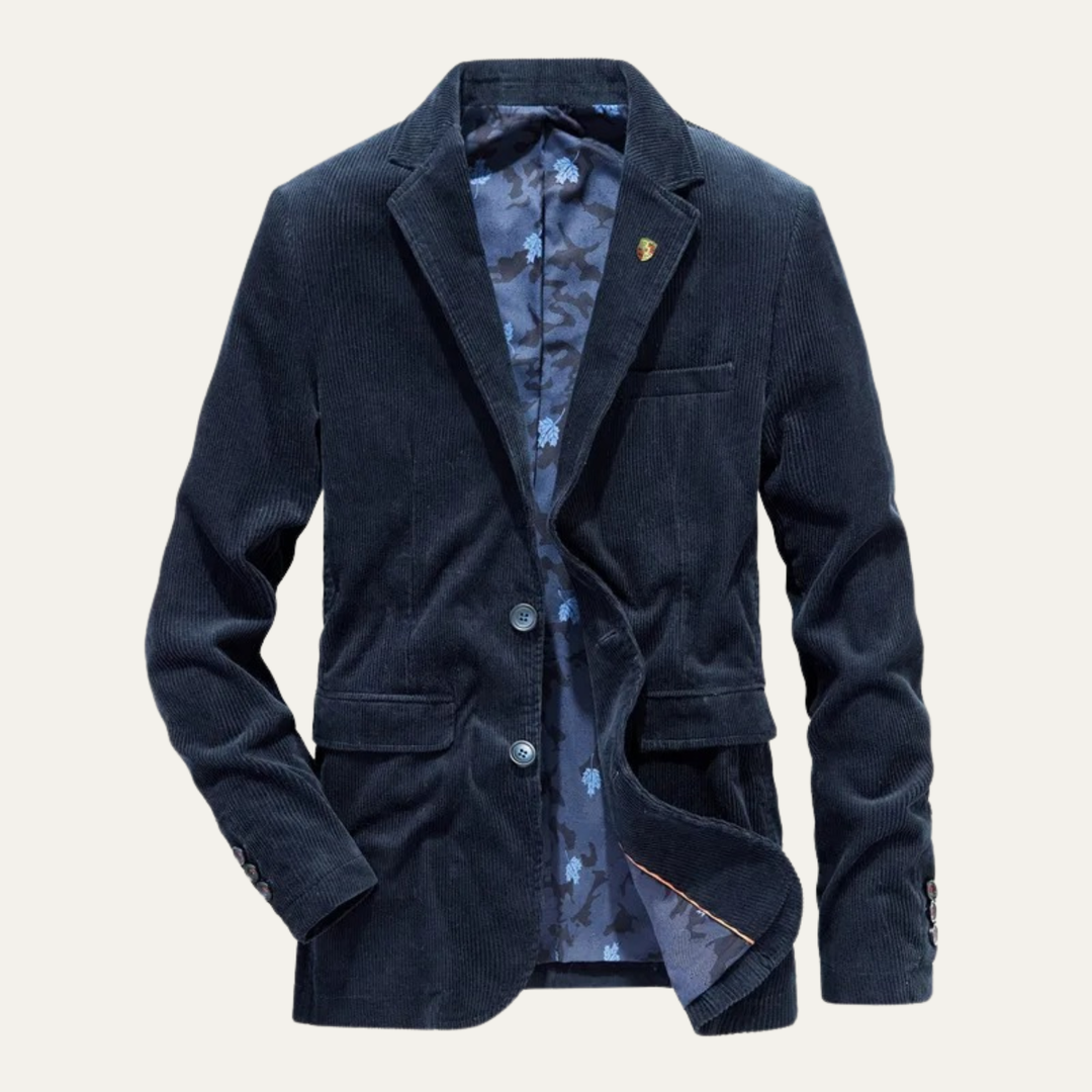 Marineblauer Herren Struktur-Blazer mit Vintage-Details, elegant für Business & Freizeit im Herbst/Winter.