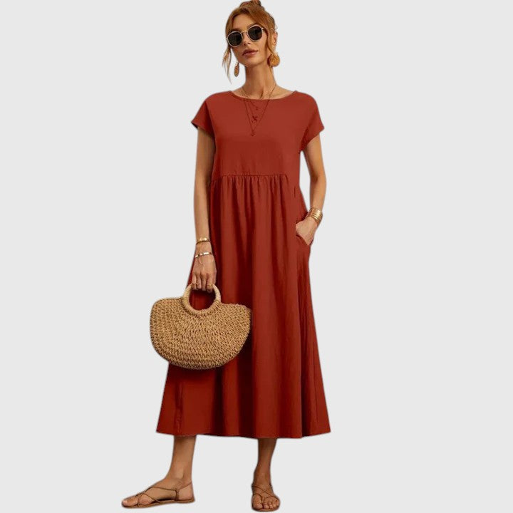 Schickes, lockeres Damen Sommerkleid, Midilänge, mit Rundhals und Kurzarm für stilvollen Alltag.