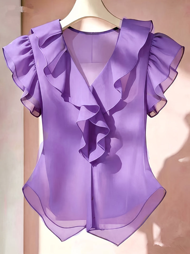 Damenbluse mit V-Ausschnitt, Rüschen & Volantärmeln. Perfekt für elegante Outfits.