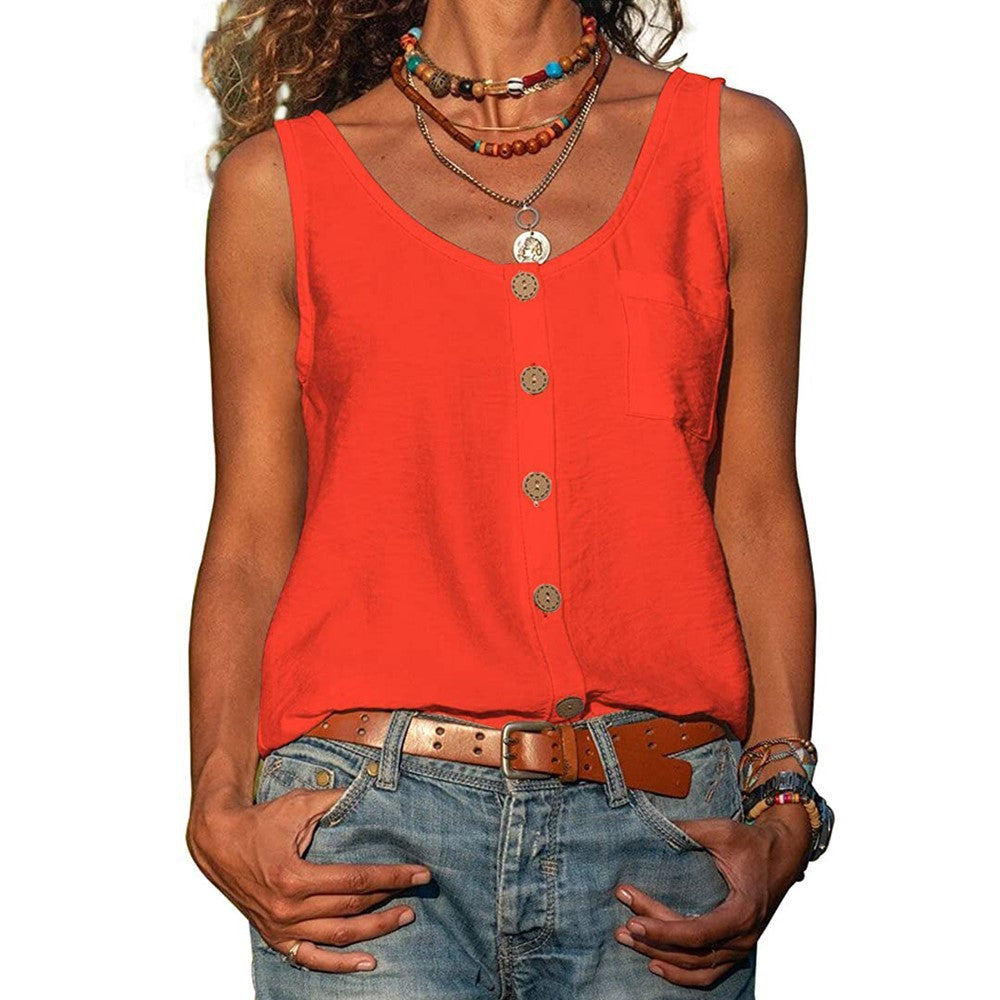 Weißes Damen Sommertopp ärmellos mit Knopfleiste. Lässiger Rundhals-Look für Strand & Sommerurlaub.