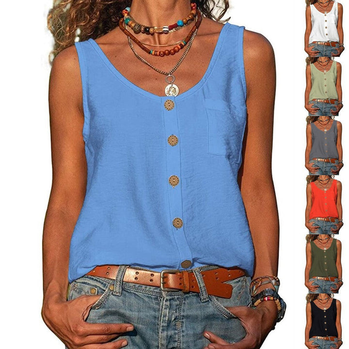 Lässiges Damen Sommertopp ärmellos mit Knopfleiste & Rundhals für Freizeit & Urlaub. Basic Sommerbekleidung.