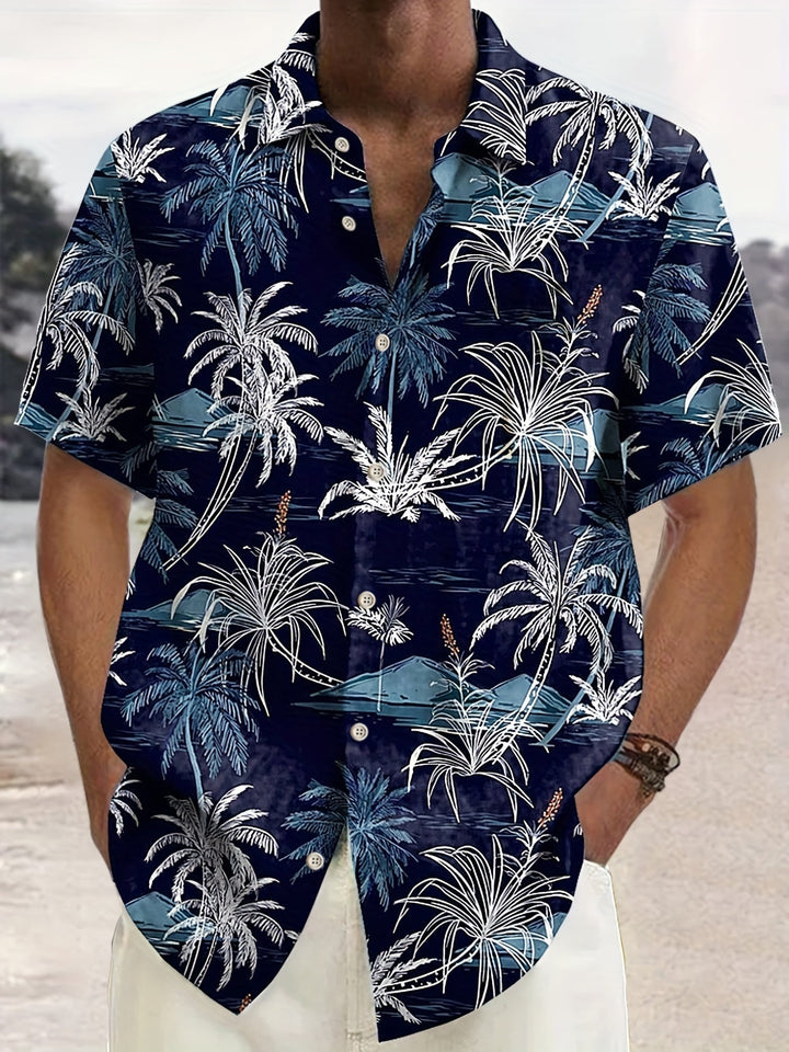 Blaues Herren Sommerhemd mit tropischem Palmen-Print, ideal für Strand & Urlaub. Lässiges Kurzarm-Design.