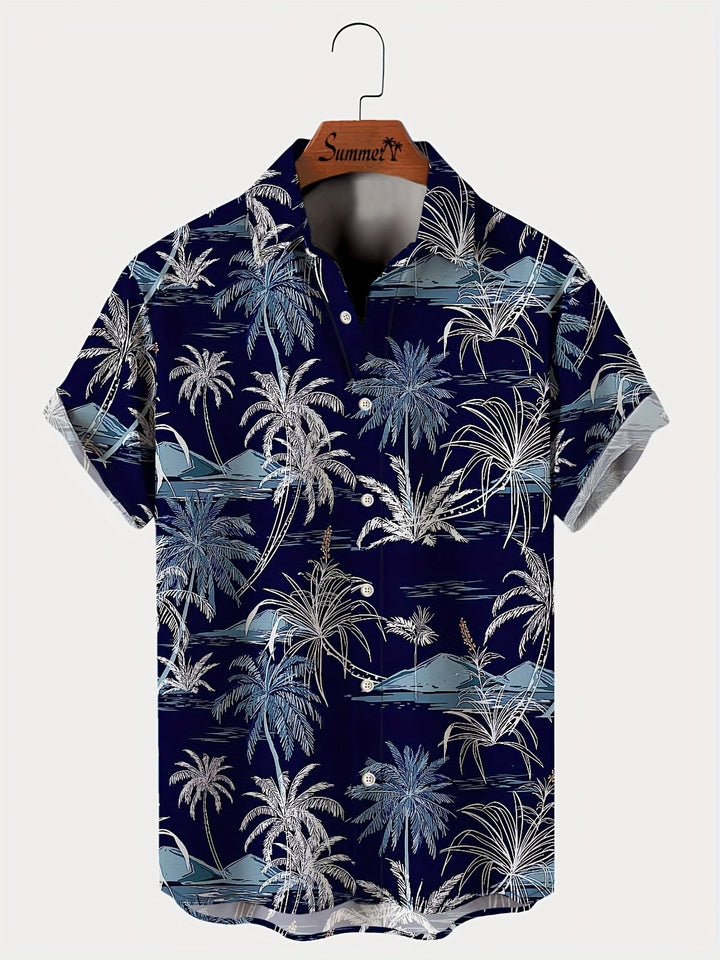 Herren Freizeithemd, blau mit auffälligem tropischen Palmen-Print, bequemes Kurzarm-Design für Männer.