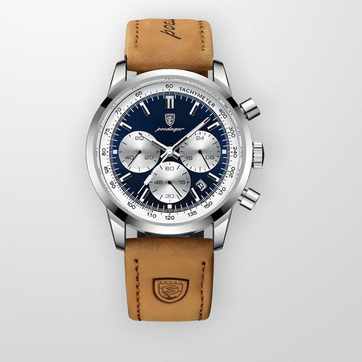 Stilvolle grüne Herren Luxus Armbanduhr, wasserdicht, mit robustem Gehäuse und gut ablesbaren Leuchtzeigern.